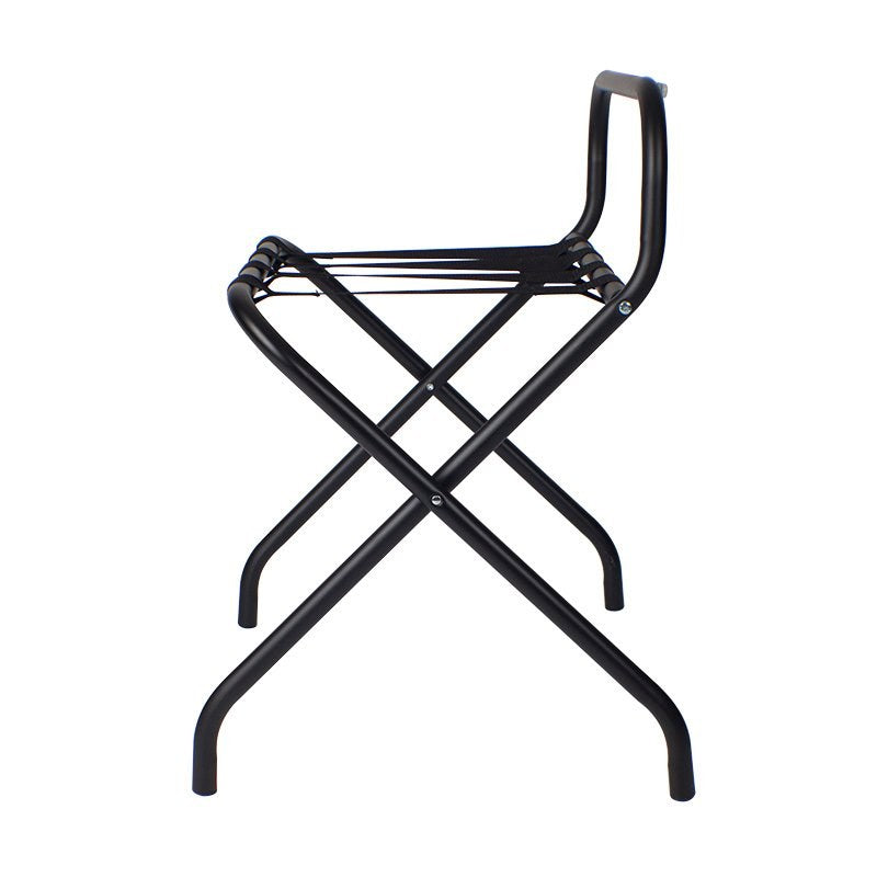 Side view of the Compass black luggage rack showing the crossed folding legs and the higher back rail