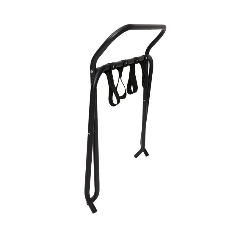 The Compass black luggage rack folded flat and standing upright, straps hanging between the rails