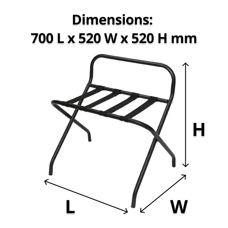 Compass black luggage rack with L, W and H arrows under a caption reading Dimensions 700 L x 520 W x 520 H mm