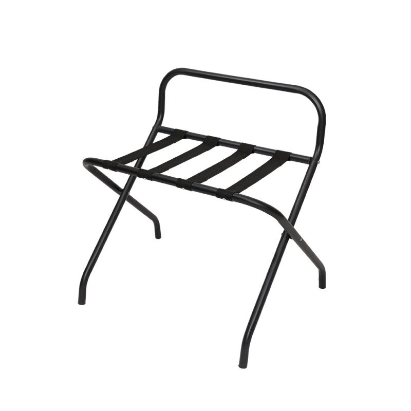 Compass black folding metal luggage rack with four straps and rubber wall bumpers for hotel guestrooms