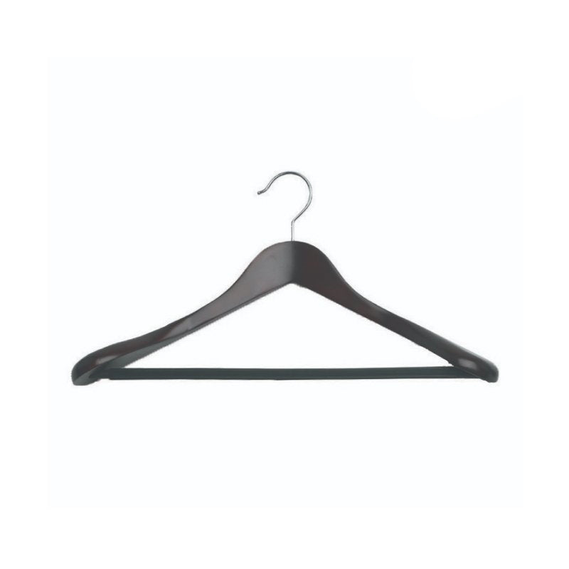Compass black wood suit hanger with wide 60mm shoulder ends and non-slip trouser rod for hotel wardrobes