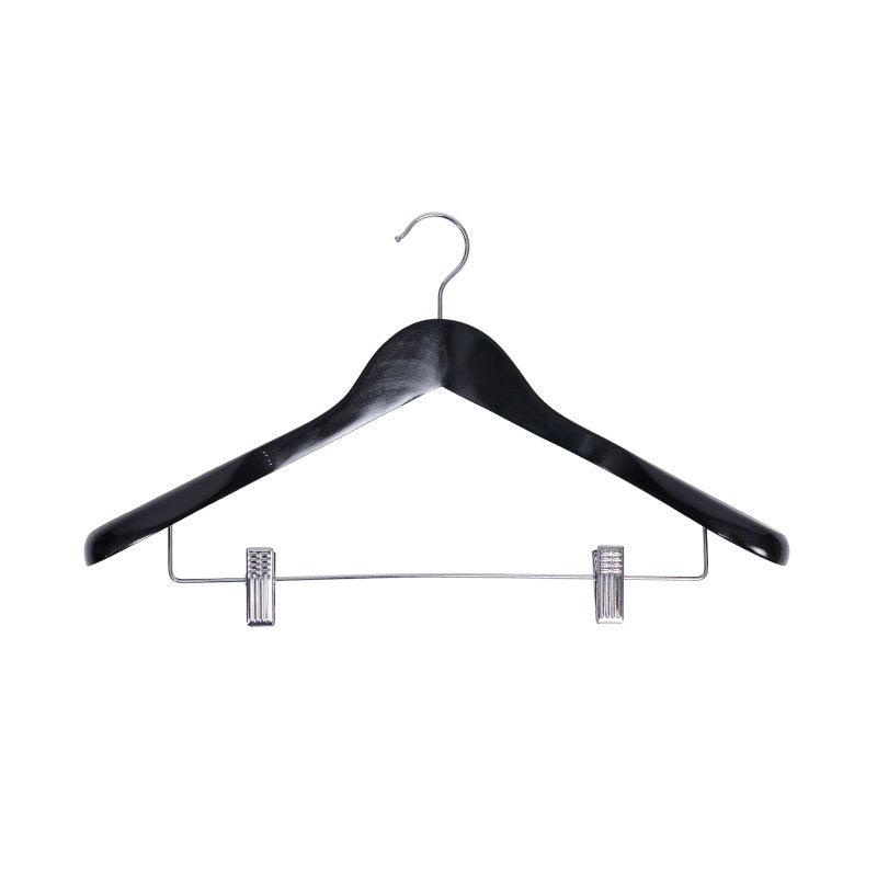 Compass black wood suit hanger with padded metal clips and wide 60mm shoulder ends for hotel wardrobes