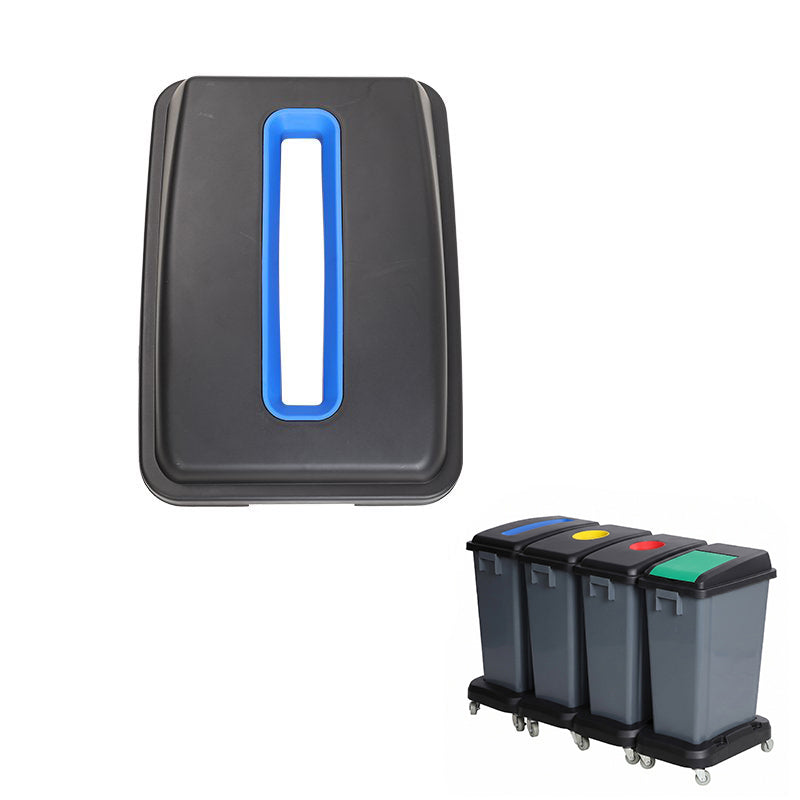 Black Compass bin lid seen from above with a long narrow slot outlined in blue, with a small inset of four grey bins on castor bases with coloured lids