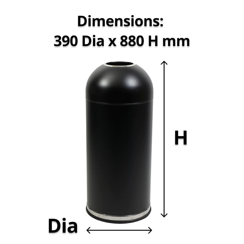 Drawing of the Compass black bullet bin marked Dia and H with the caption Dimensions 390 Dia x 880 H mm