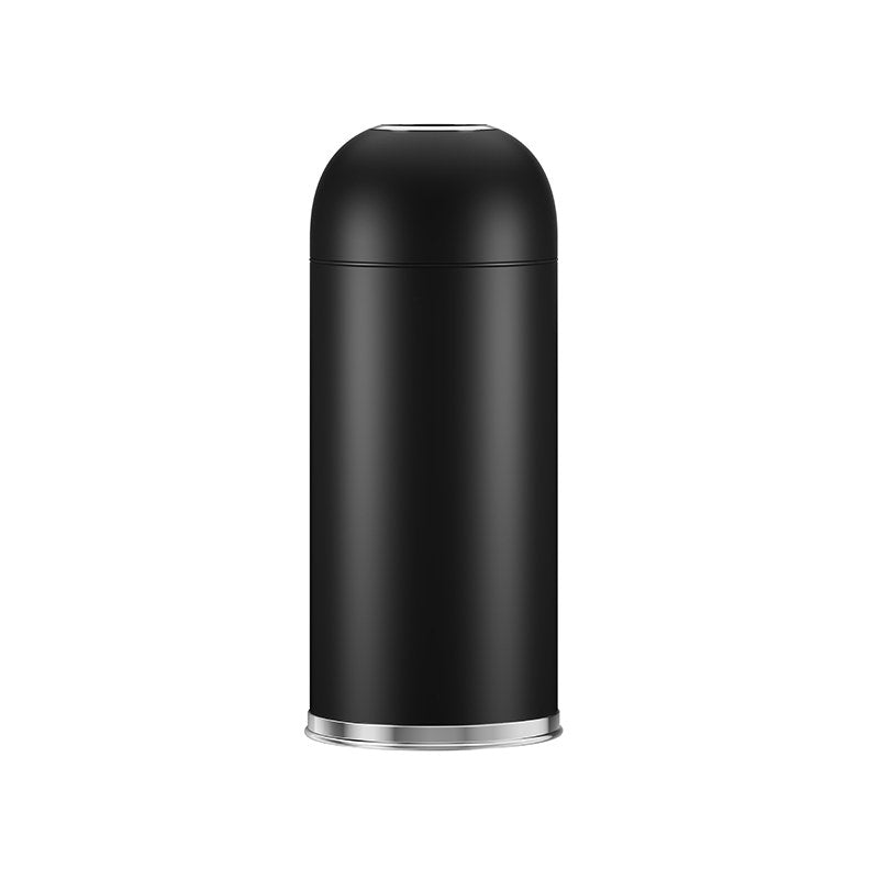 Compass 76923001 matt black 30 litre bullet bin on white with a domed lid, a round opening and a stainless band at the base