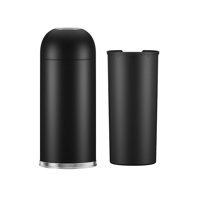 Compass black bullet bin with its lid on, standing next to the black plastic liner that sits inside it