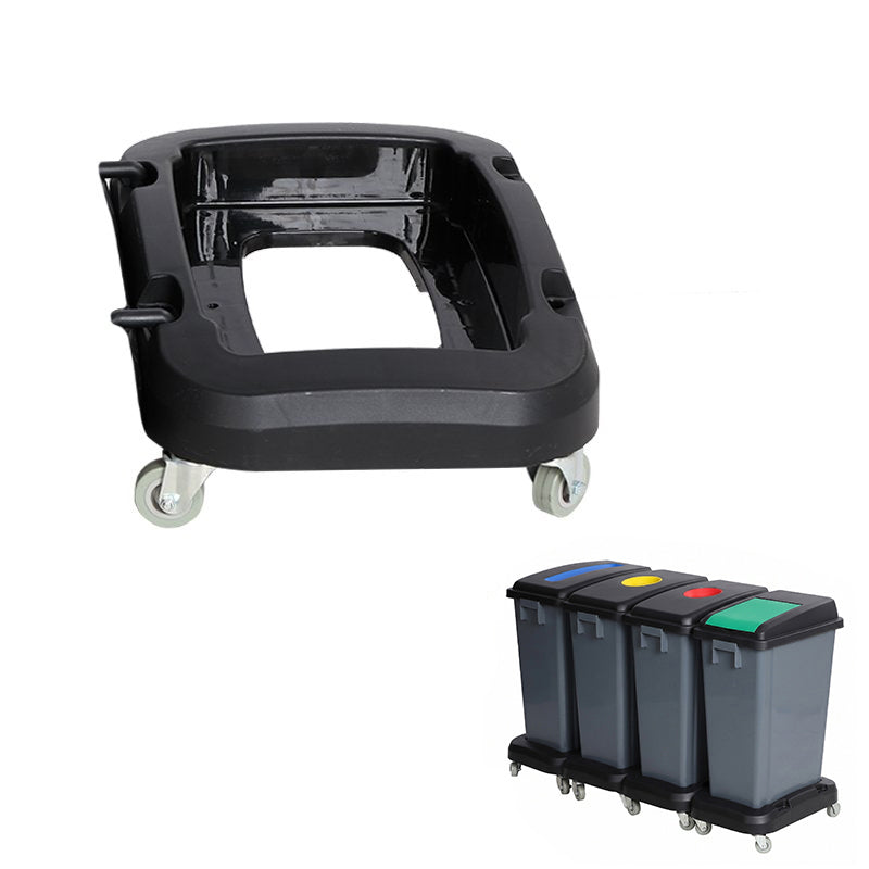 Black Compass castor base with an open centre frame, four grey castors and a side hook, with an inset of grey bins on bases