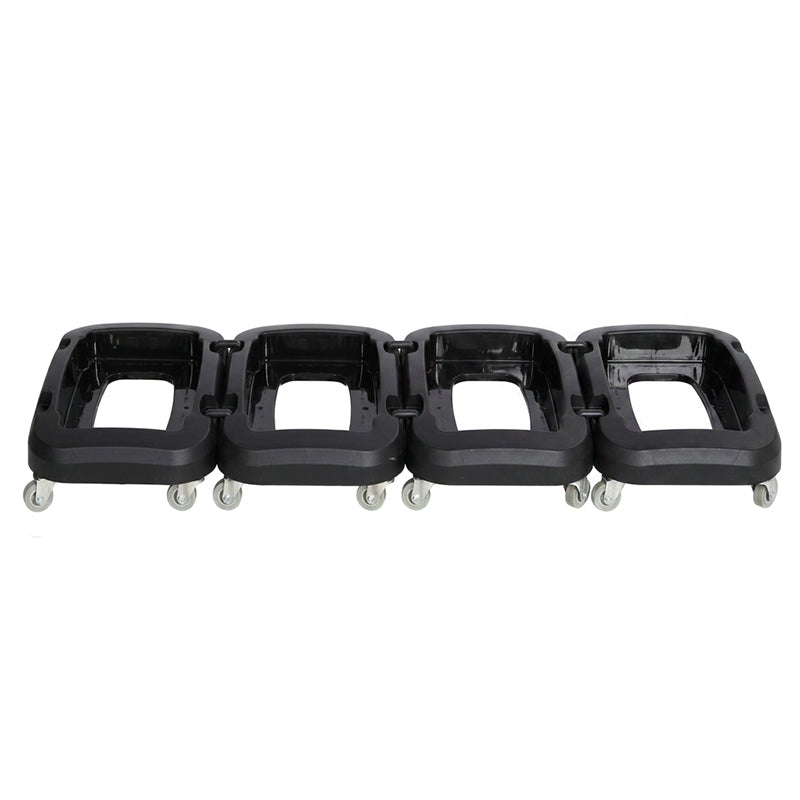 Four black castor bases hooked together side by side in a straight row on a white background
