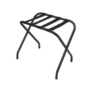 Compass compact luggage rack in black, open, with crossed tubular legs and four black straps across the top
