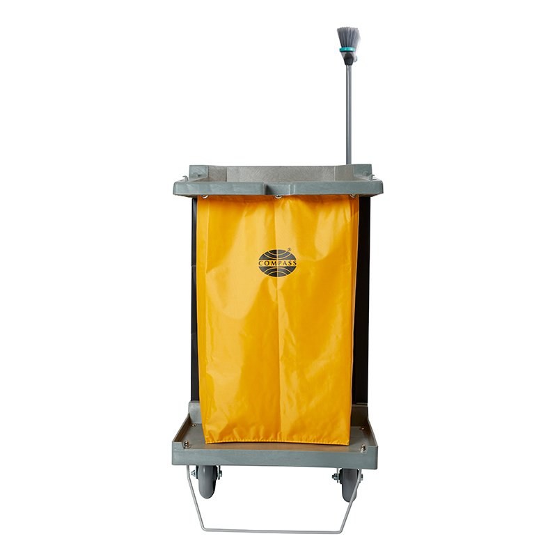 End view of the Compass 722430 trolley showing the yellow bag with Compass logo, a fixed wheel and a wire bumper at the base