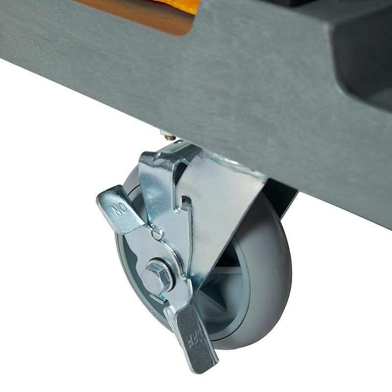 Close-up of a Compass 722430 swivel castor with a grey soft ride wheel and metal brake pedal