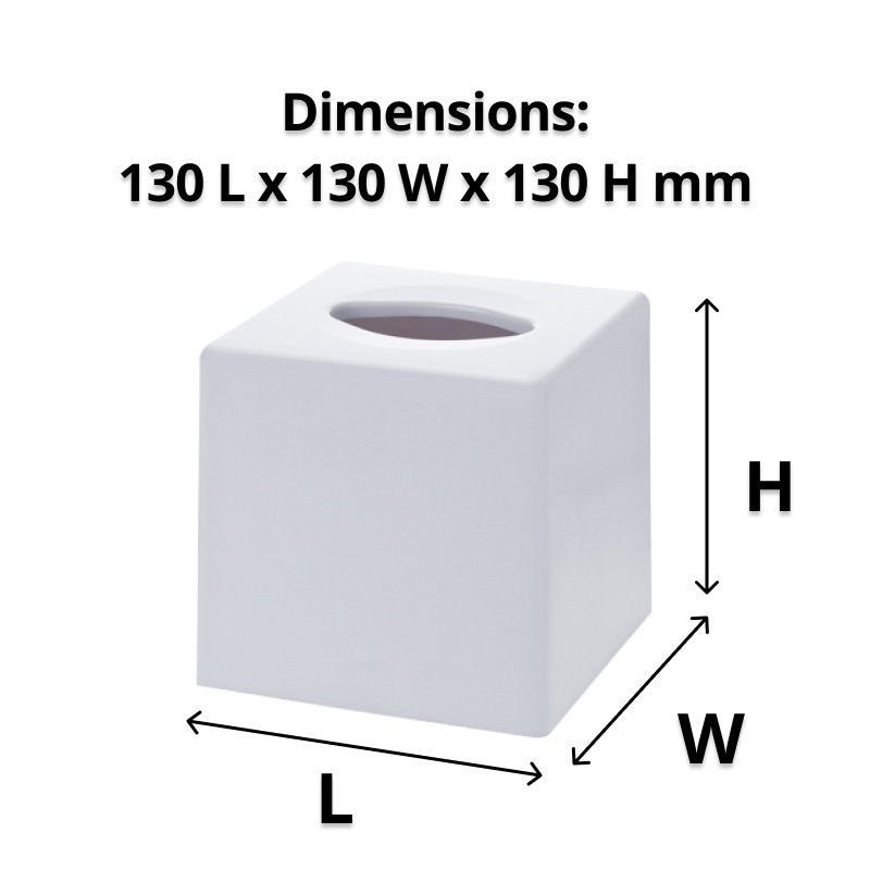 White Compass cube tissue box with length, width and height arrows under a caption reading Dimensions 130 L x 130 W x 130 H mm