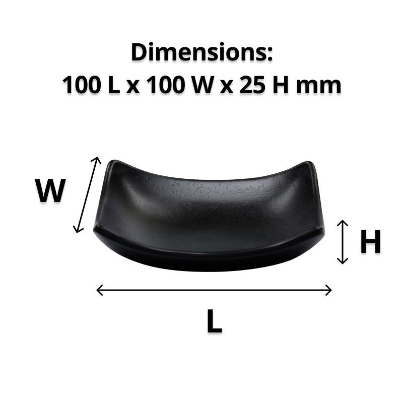 Weatherdon dimension diagram of the black curved soap dish marked 100 L x 100 W x 25 H mm with length, width and height arrows
