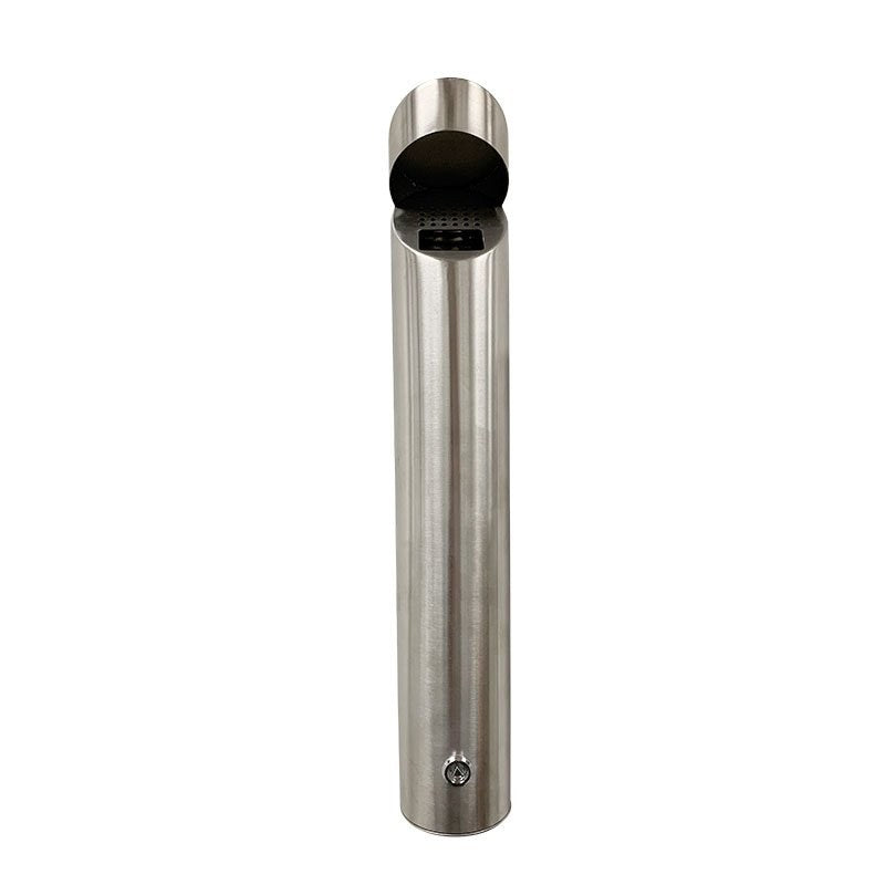 Compass 765226 stainless steel cylindrical wall ashtray standing upright, hooded top opening and key lock near the base