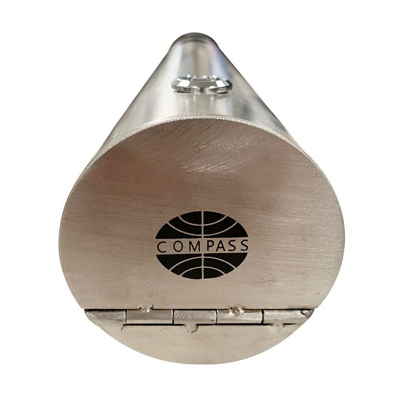 Underside of the Compass cylindrical ashtray showing the base cap with Compass logo and the hinge that opens it