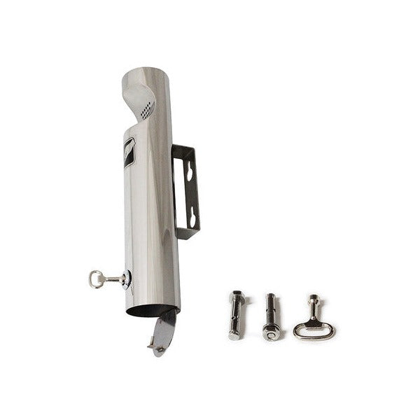 Earlier polished Compass tube ashtray with its base cap open, key in the lock and wall plugs and screws beside it