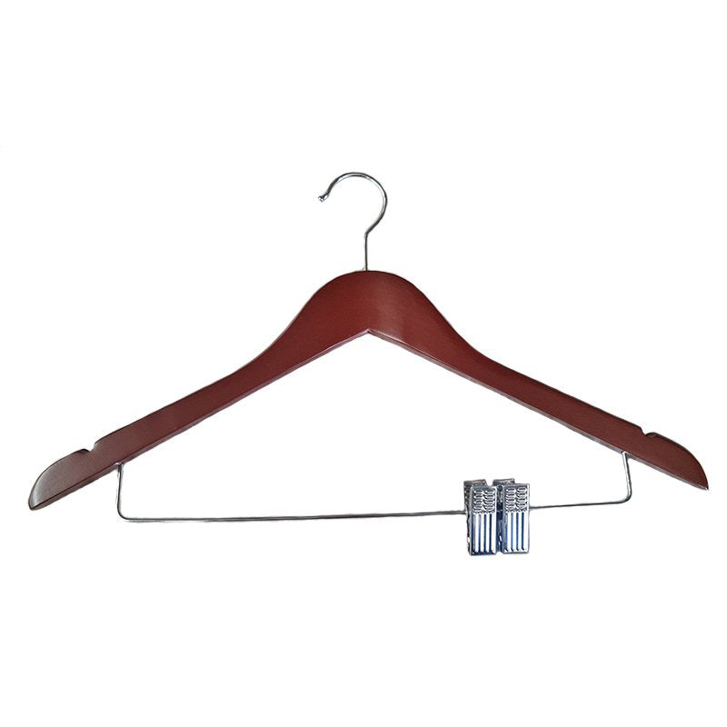 Compass dark wood luxury hook hanger with padded metal clips and 19mm timber body for hotel wardrobes