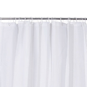 Compass 675031 white deluxe polyester shower curtain hanging in soft folds from a chrome rail on plastic rings