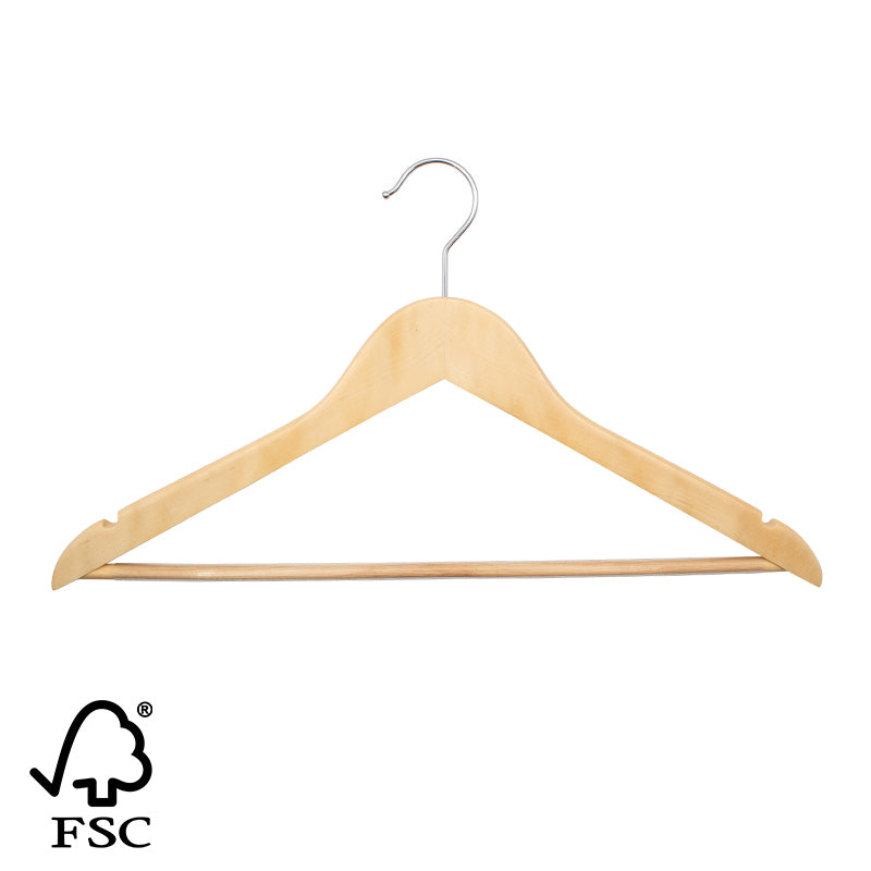 Compass FSC certified light wood hook hanger with non-slip PVC bar for hotel and office wardrobes
