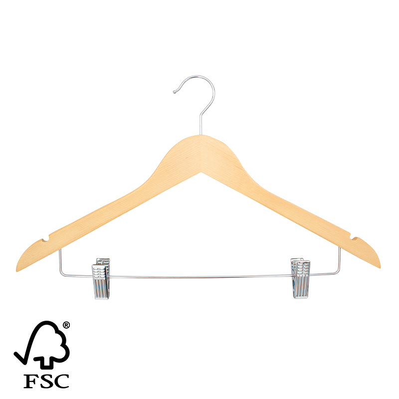 Compass FSC certified light wood standard hook hanger with padded metal clips for hotel wardrobes