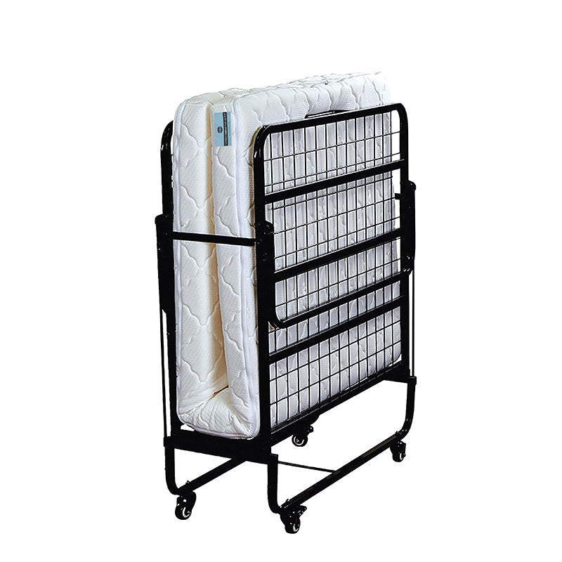 Compass 683100 standard fold up bed folded upright on four wheels with the white foam mattress held inside the black wire frame