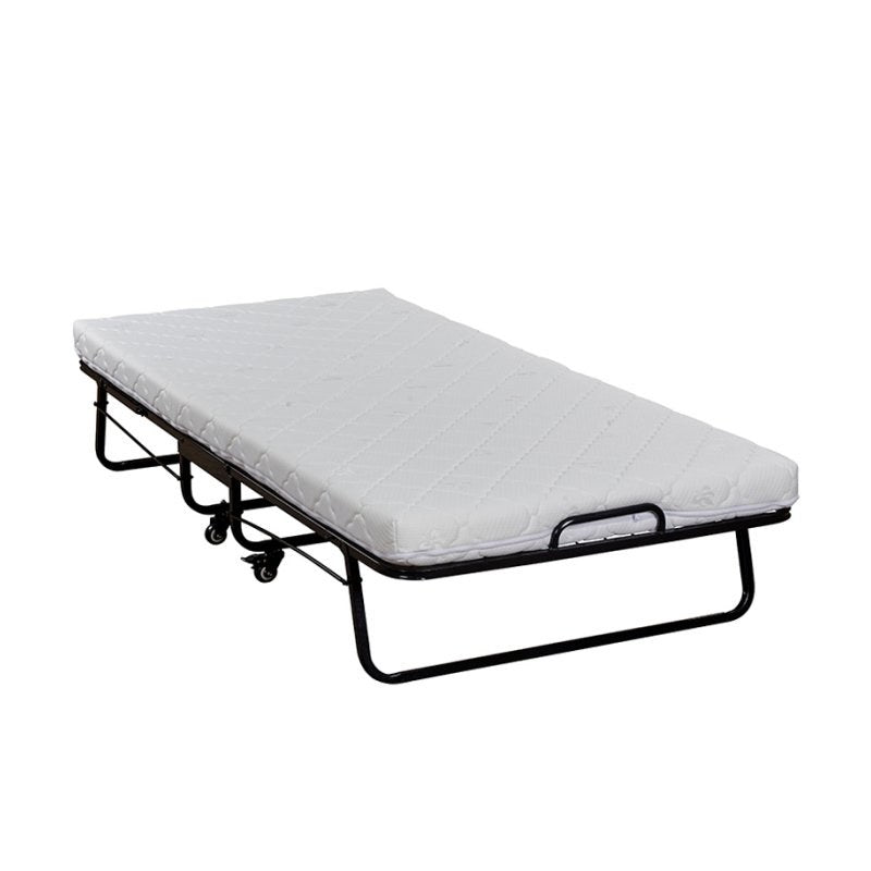Compass standard fold up bed opened flat with a white quilted foam mattress on a black frame and no headboard