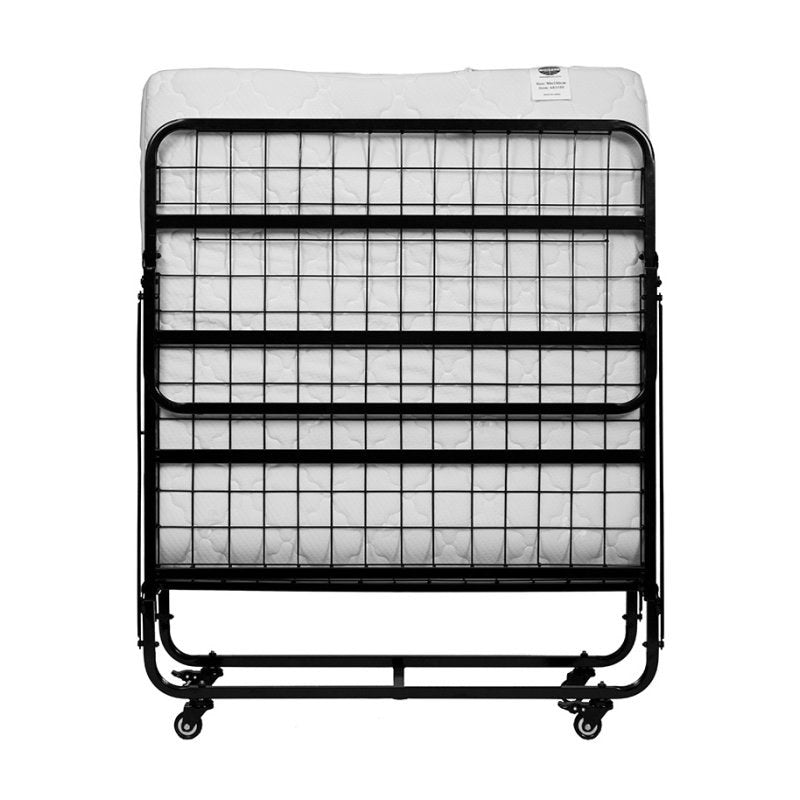 Front of the folded Compass standard bed showing the black wire grid and the mattress behind it