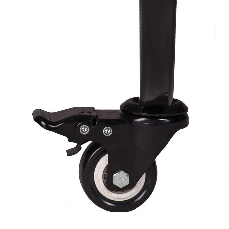 Close view of a black locking castor wheel at the foot of a Compass standard fold up bed leg