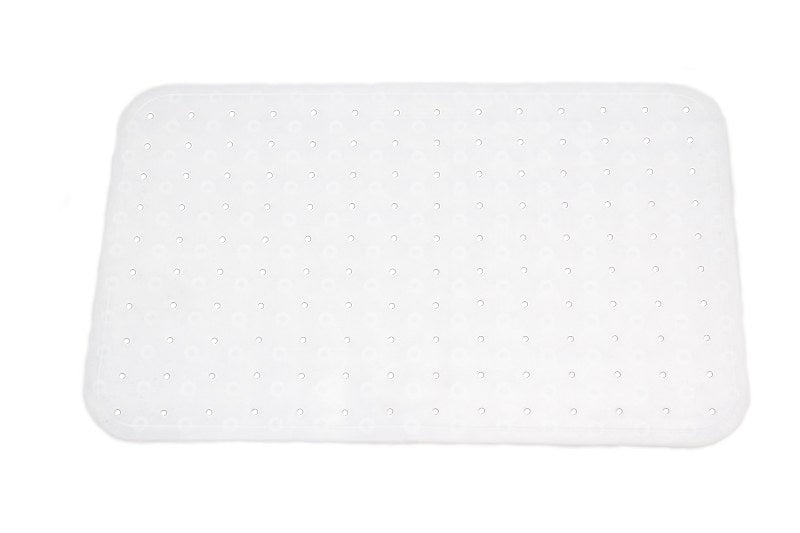 Top view of the rectangular Compass frosted silicone bath mat with rounded corners and a dotted drainage hole pattern