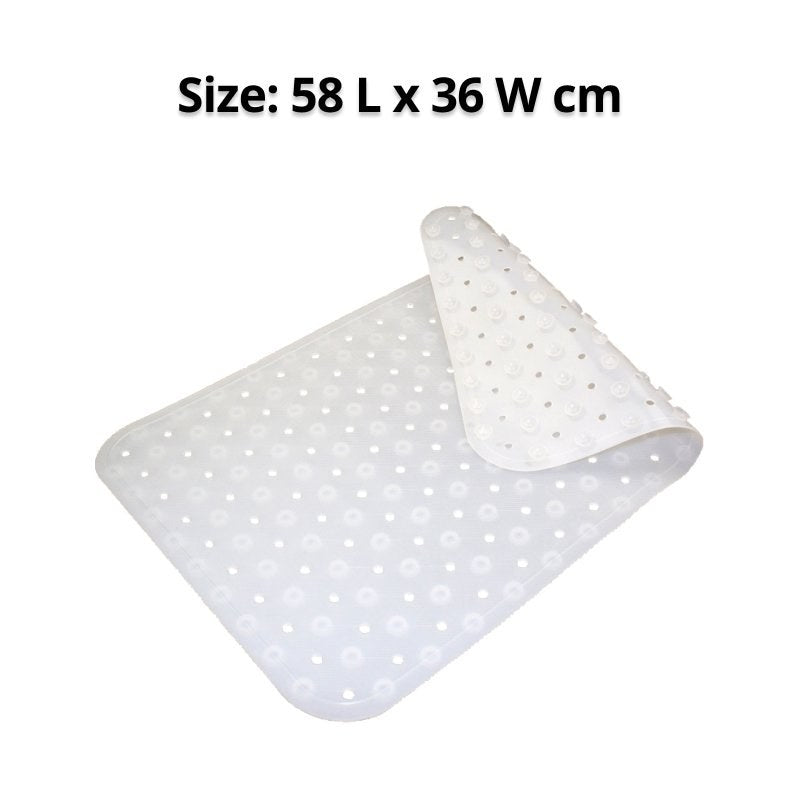 Compass frosted silicone bath mat with a corner lifted, under a printed caption reading Size 58 L x 36 W cm