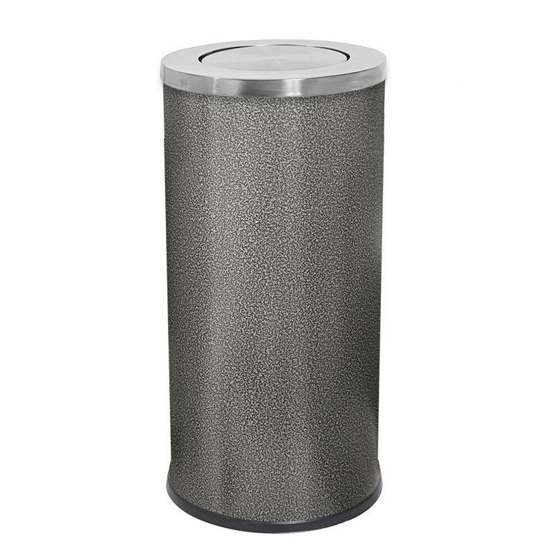 Compass 769410 hammertone grey round bin on white with a mottled textured body and a stainless steel swing lid