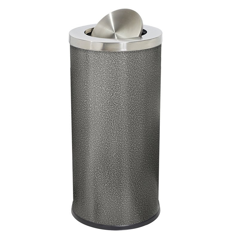 Compass hammertone swing top bin with the stainless steel flap tilted open on its pivot