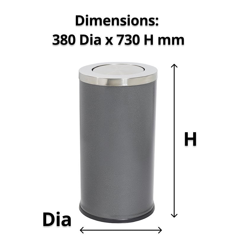 Drawing of the Compass swing top bin marked Dia and H with the caption Dimensions 380 Dia x 730 H mm