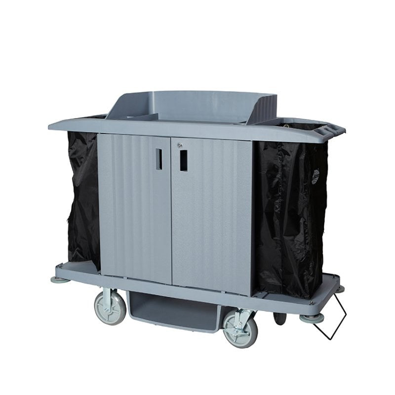 Compass 722472 hard front housekeeping trolley with grey doors closed, a black bag at each end and large grey wheels with a wire bumper