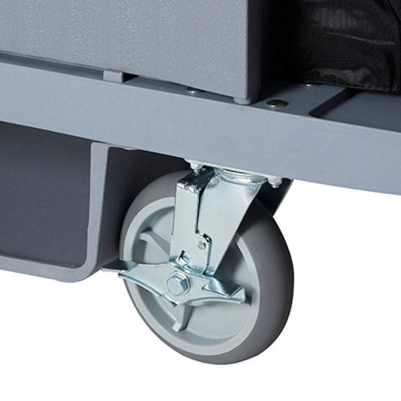 Close-up of a grey 200 mm swivel castor with brake under the Compass 722472 trolley base
