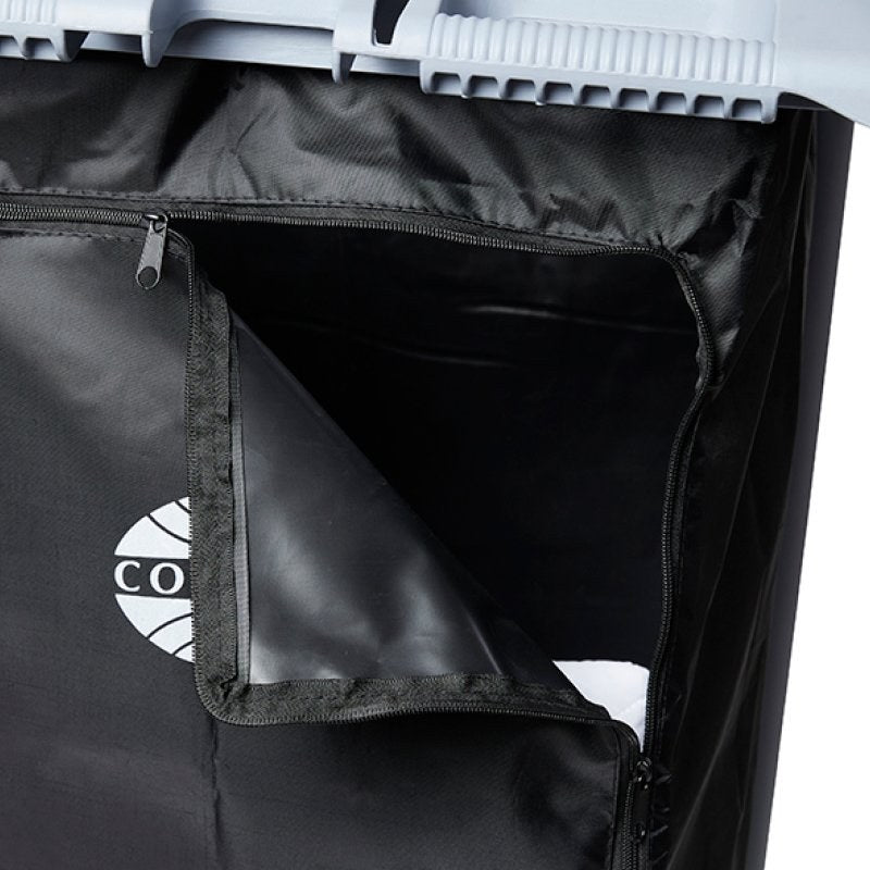 Close-up of the side zip on the black Compass trolley bag, opened with the flap folded back