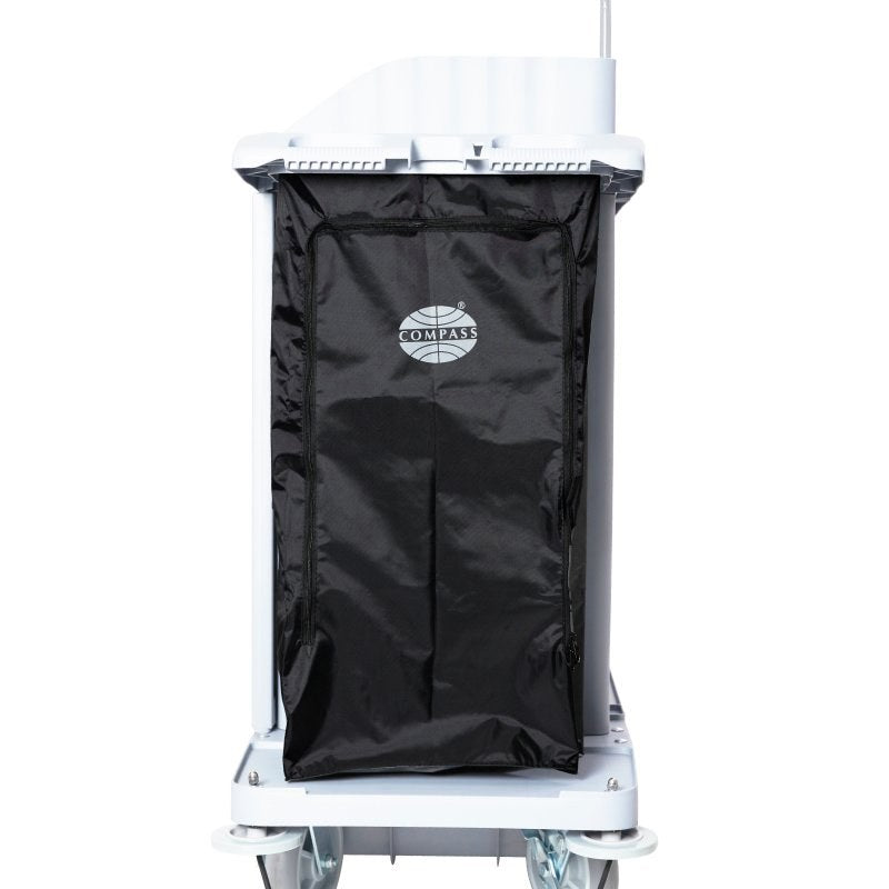 Compass 722472BB black nylon trolley bag with Compass logo, hanging from the end of a light coloured housekeeping trolley