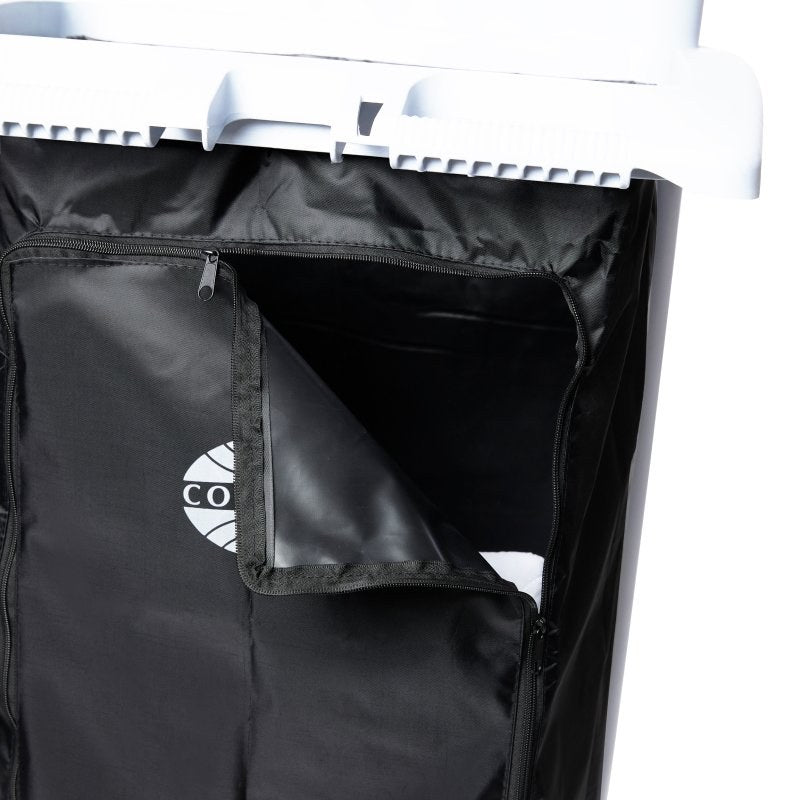 Compass black trolley bag with its side zip partly opened and the flap folded back to show the inside