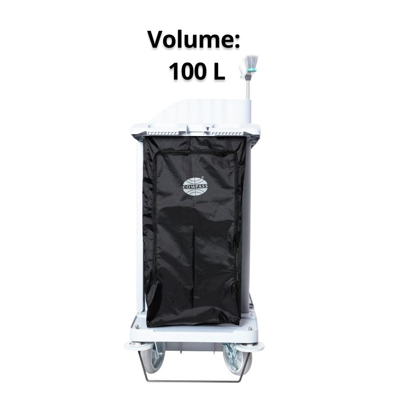 End of a housekeeping trolley with the Compass black bag fitted, captioned Volume 100 L