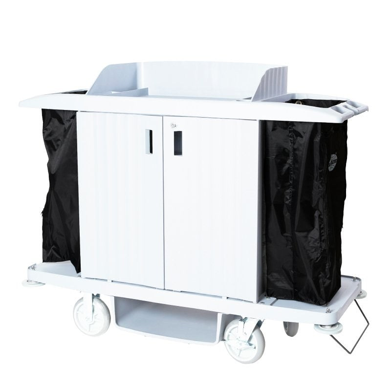 Full housekeeping trolley with closed doors and a Compass black bag hanging at each end, on large wheels