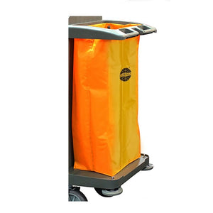 Compass 722460YB yellow nylon bag with the round Compass logo, hanging from the grey end frame of a housekeeping trolley on a white background