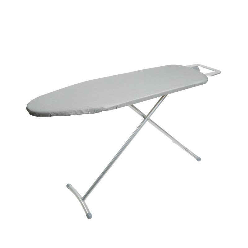 Compass large ironing board open with a silver cover, silver grey crossed legs and a rectangular iron caddy at the tail end