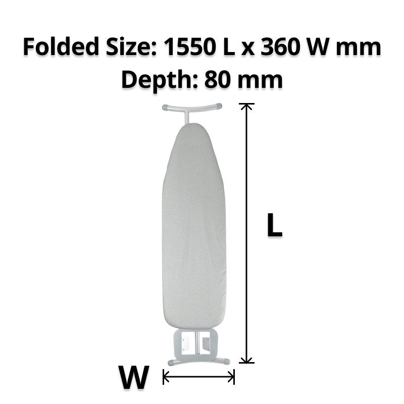 Folded large board marked L and W with the caption Folded Size 1550 L x 360 W mm, Depth 80 mm