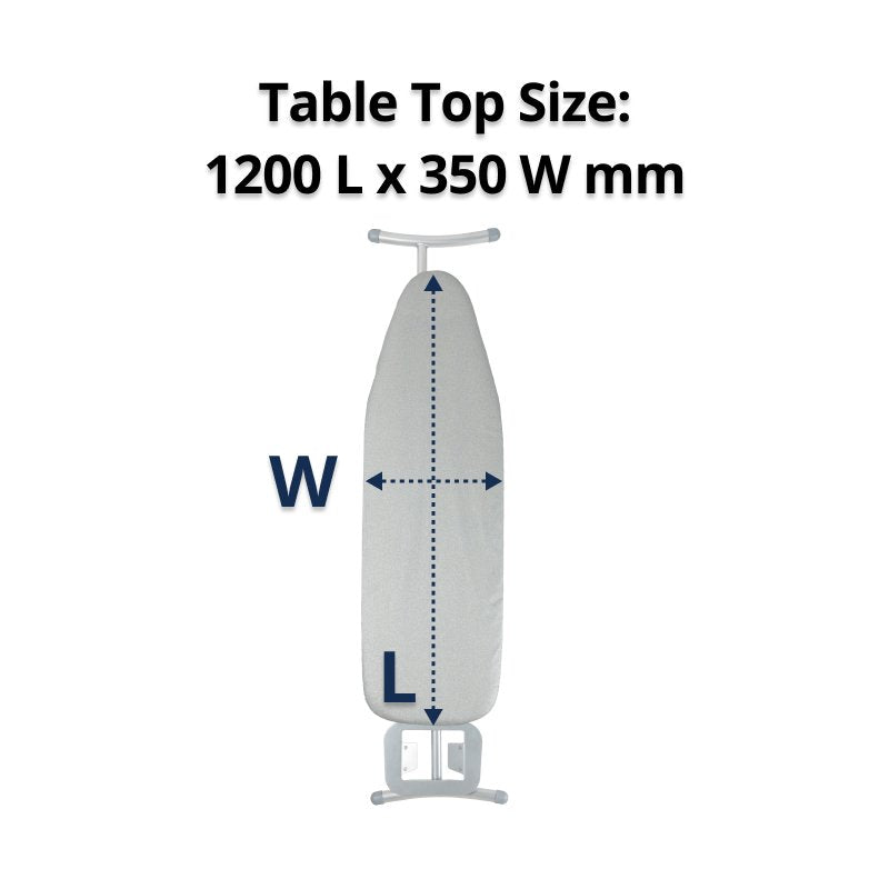 Folded large board with dotted arrows and the caption Table Top Size 1200 L x 350 W mm