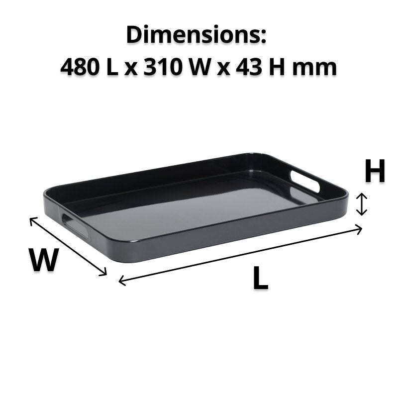 Black melamine tray with arrows marking length, width and height and the caption Dimensions 480 L x 310 W x 43 H mm
