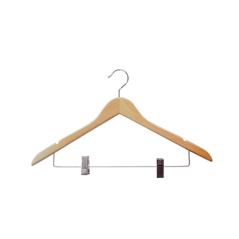 Compass light wood luxury hook hanger with padded metal clips and 19mm timber body for hotel wardrobes