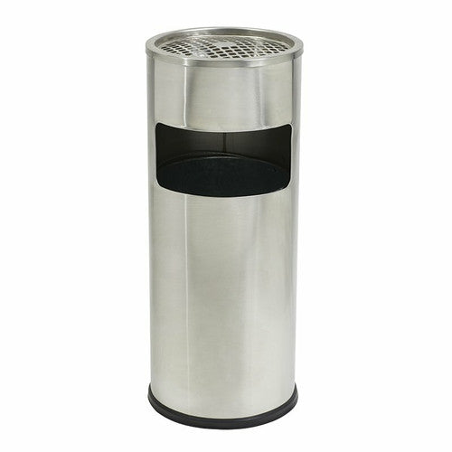 Compass 10L stainless steel lobby bin with integrated ashtray, brushed finish, front view showing full height and slim profile