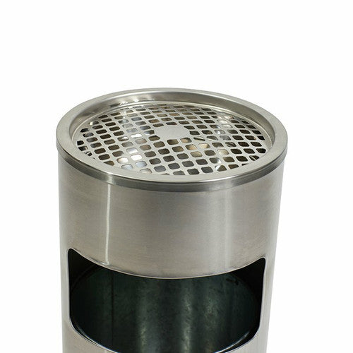 Close-up of Compass lobby bin ashtray insert and galvanised liner with carry handle removed for emptying