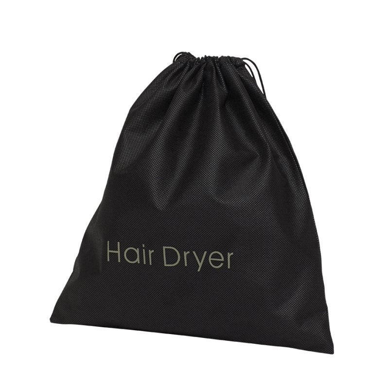 Compass black non-woven hair dryer bag, tapering to a gathered drawstring top, with Hair Dryer printed in tan title-case letters