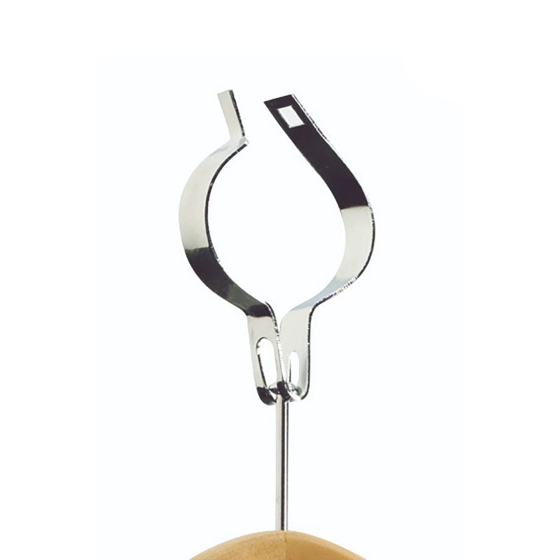Compass 59002 chrome open security ring with a gap at the top, holding the pin of a light wood security hanger below